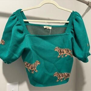 Entro Green Puff Sleeve Blouse with Tiger Design